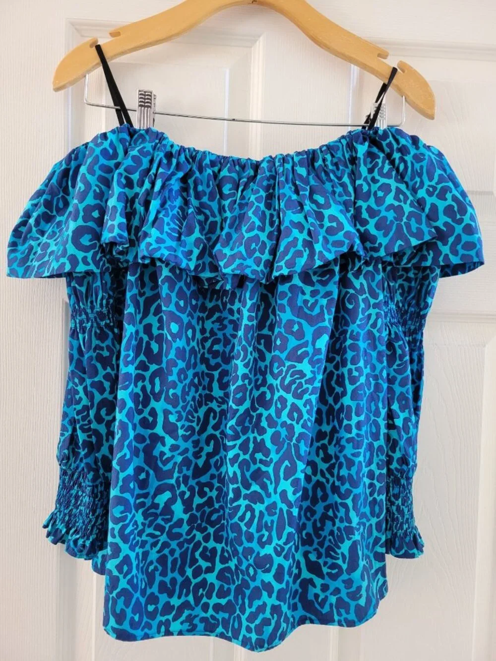 Lilly Pulitzer Beatrix Leopard Turquoise Blue Off the Shoulder Top size Medium